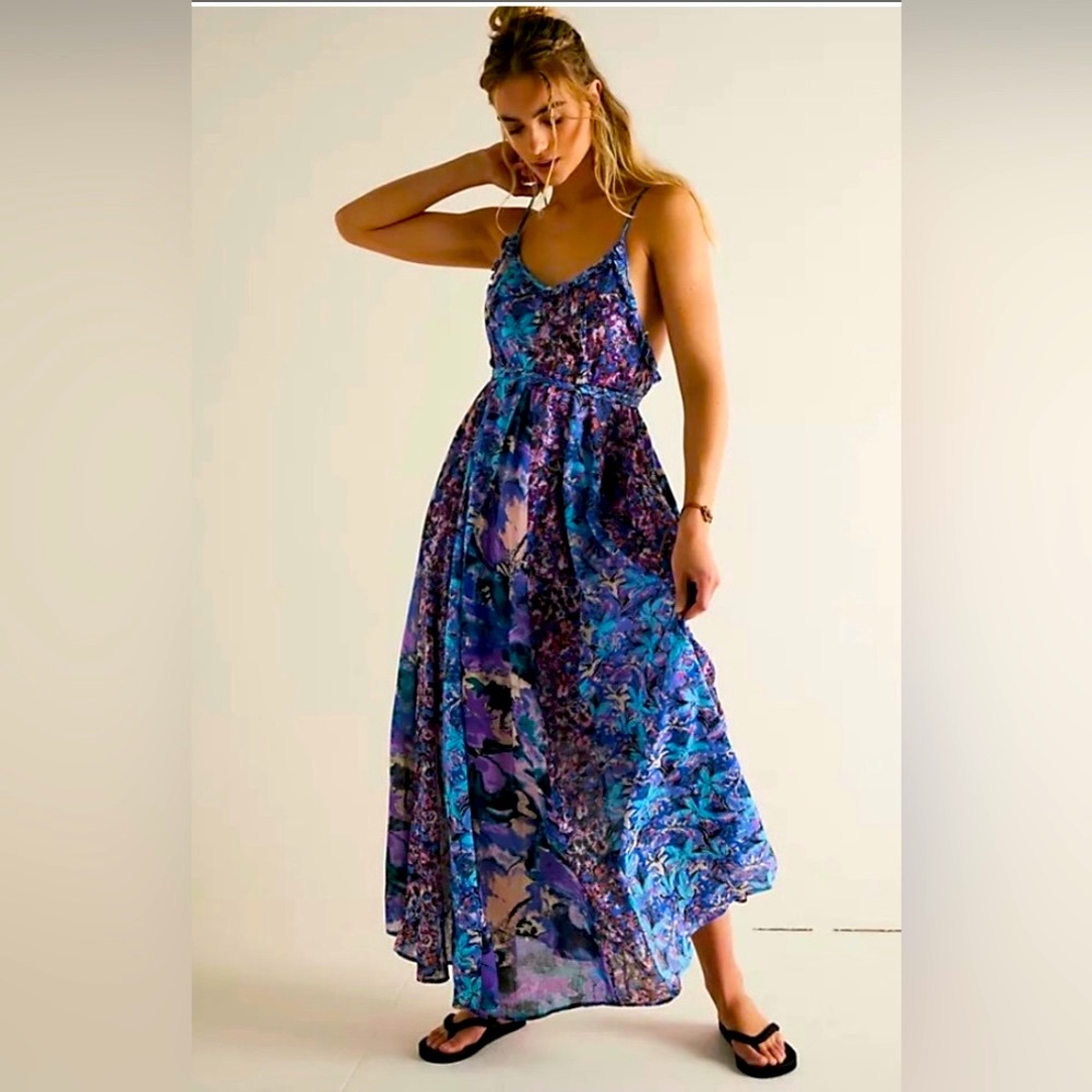 NWOT Free People Moondive Maxi Dress In Blue Combo Size M